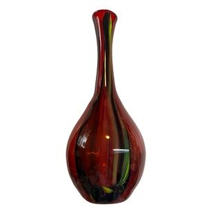 Hand blown ruby glass vase. Has yellow, green And black swirls/lines